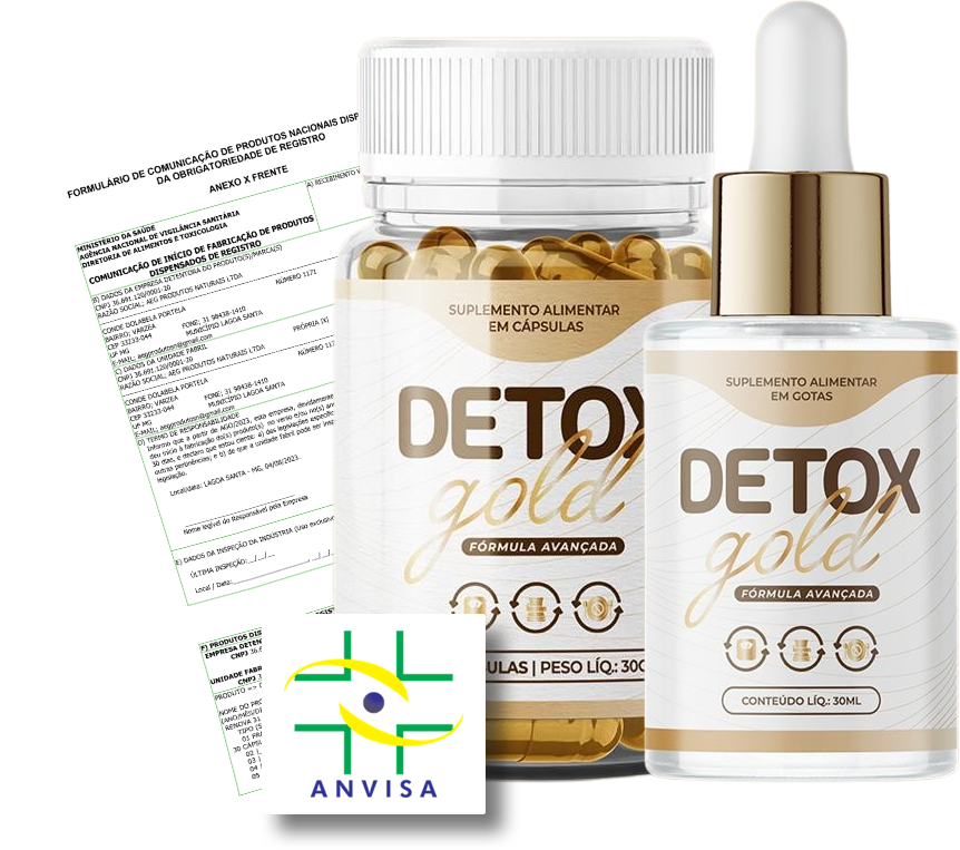 Frasco do suplemento Detox Gold ao lado do laudo da ANVISA