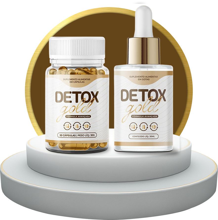 Frasco do suplemento Detox Gold, formulado para ajudar na desintoxicação do corpo e promover a perda de peso.