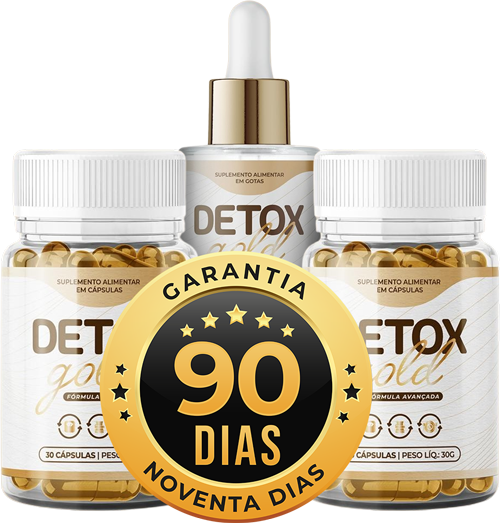 Frasco do suplemento Detox Gold ao lado de um selo de garantia de 90 dias, assegurando a satisfação do cliente com o produto.